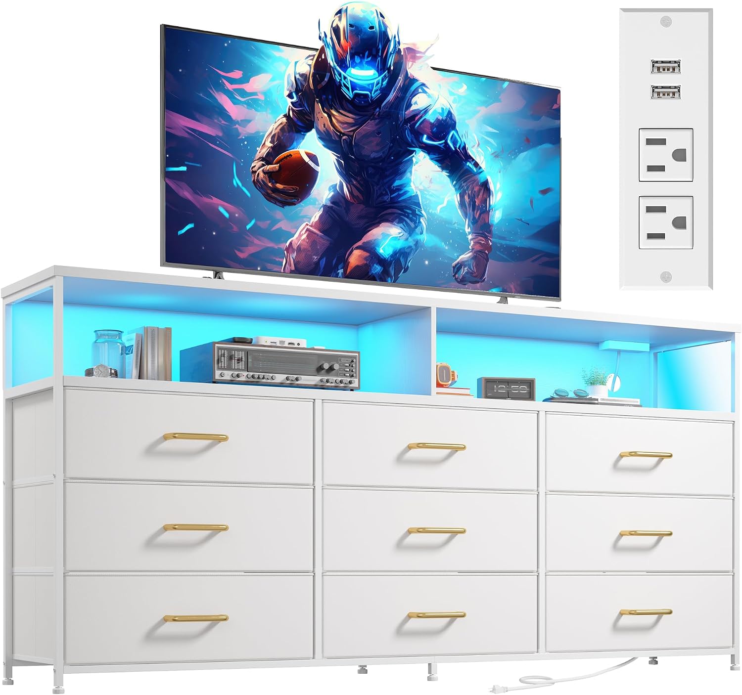 EnHomee 55' W White Dresser for Bedroom with Charging Station & LED Light, 65 Inch TV Stand with 9 Fabric Drawers, Sturdy Dressers & Chest of Drawers with 2 Wood Open Shelves,55.12' Wx11.81 Dx35.43 H