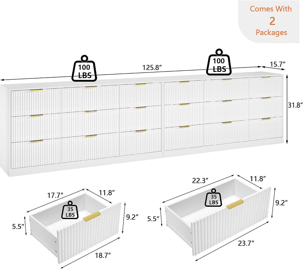 White Dresser Set of 2, Long Dresser for Bedroom Wooden with 18 Drawers, Fluted Modern Bedroom Furniture Set, TV Stand Dressers & Chests of Drawers for Closet (15.7'D x 125.8'W x 31.8'H)