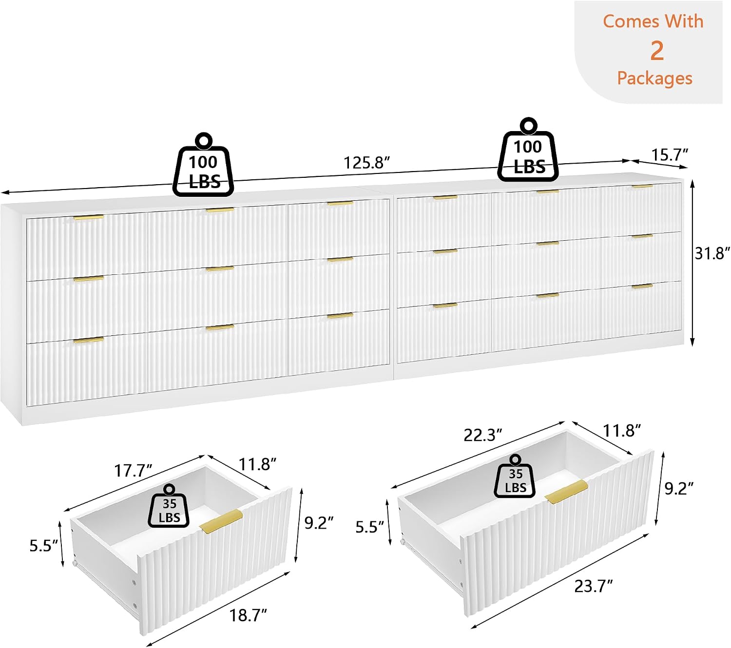 White Dresser Set of 2, Long Dresser for Bedroom Wooden with 18 Drawers, Fluted Modern Bedroom Furniture Set, TV Stand Dressers & Chests of Drawers for Closet (15.7'D x 125.8'W x 31.8'H)