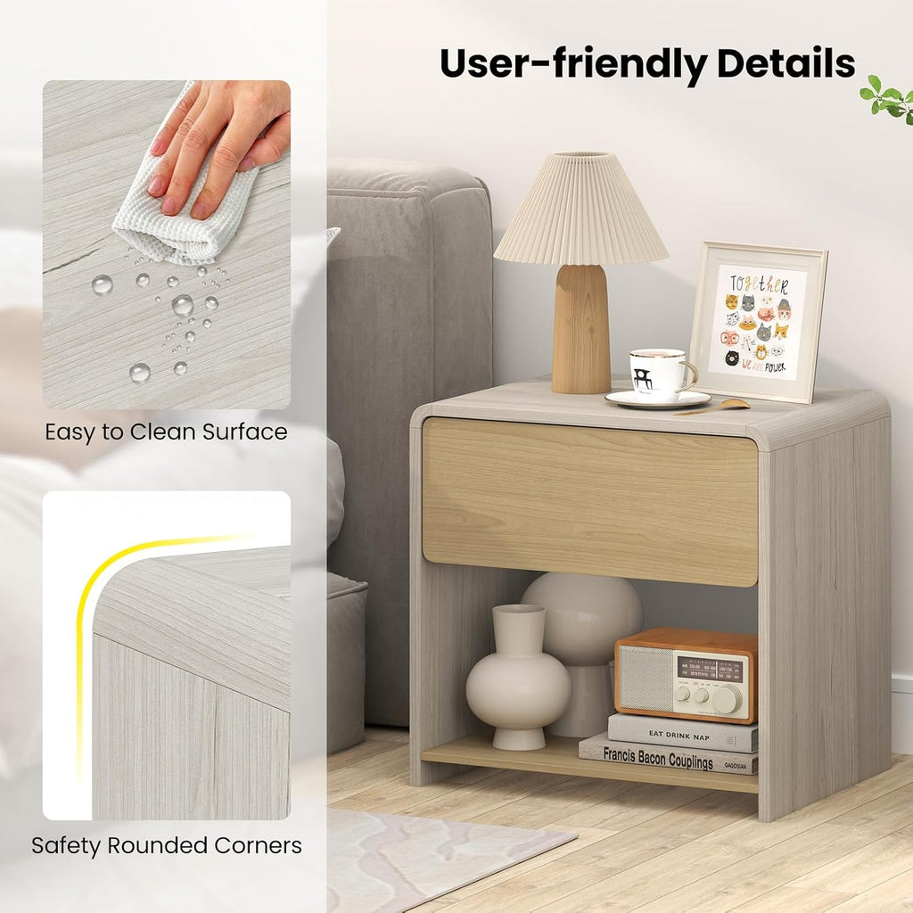 Giantex Modern Nightstand with Drawer Set of 2, Wooden Bedside Table with Storage Open Shelf, Accent End Table for Small Spaces, Curve Design Night Stand for Bedroom Couch Sofa Home Office, Oak