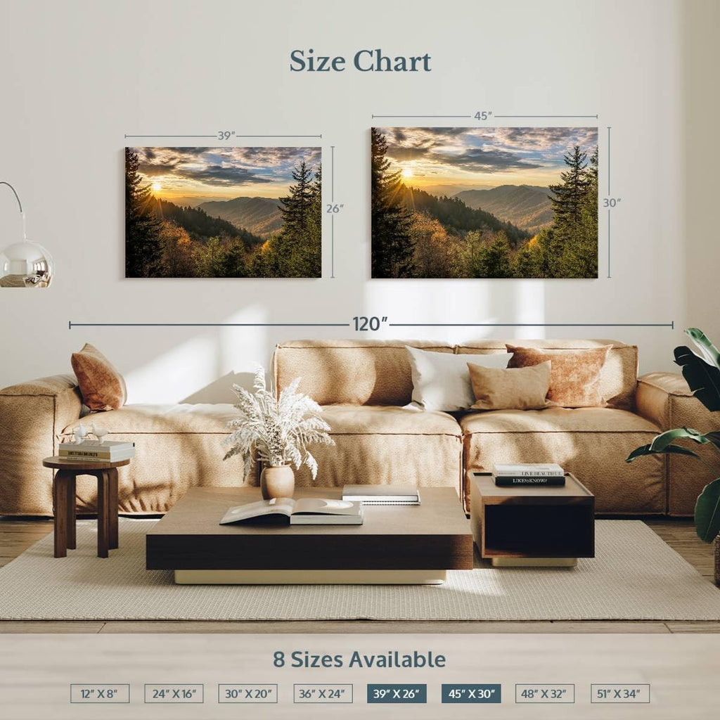 ElephantStock Sunrise In Smoky Mountains Canvas - 1 Panel Mountain Pictures Wall Decor - Nature Wall Art, Mountain Canvas Photography - Mountains Wall Art for Nature Lovers - 39' X 26'