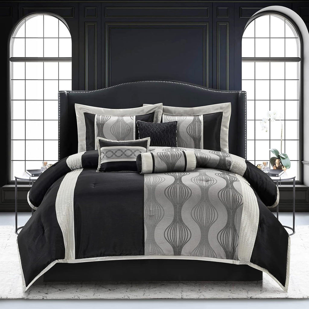 Stratford Park Black and Silver Comforter Set King Size, 7 Pieces Striped All Season Bedding Set