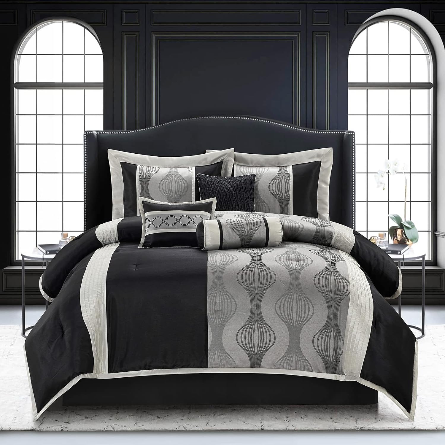 Stratford Park Black and Silver Comforter Set, 7 Pieces Queen Size Striped All Season Bedding Set