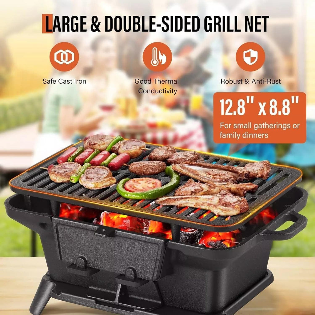 Oval Cast Iron Grill Outdoor - Portable Charcoal Grill & Tabletop Griddle, 19.6' Enameled Camping Stove with Carrying Handles,for BBQ, Tailgating & Hunting (Black,No Carrying Handle)