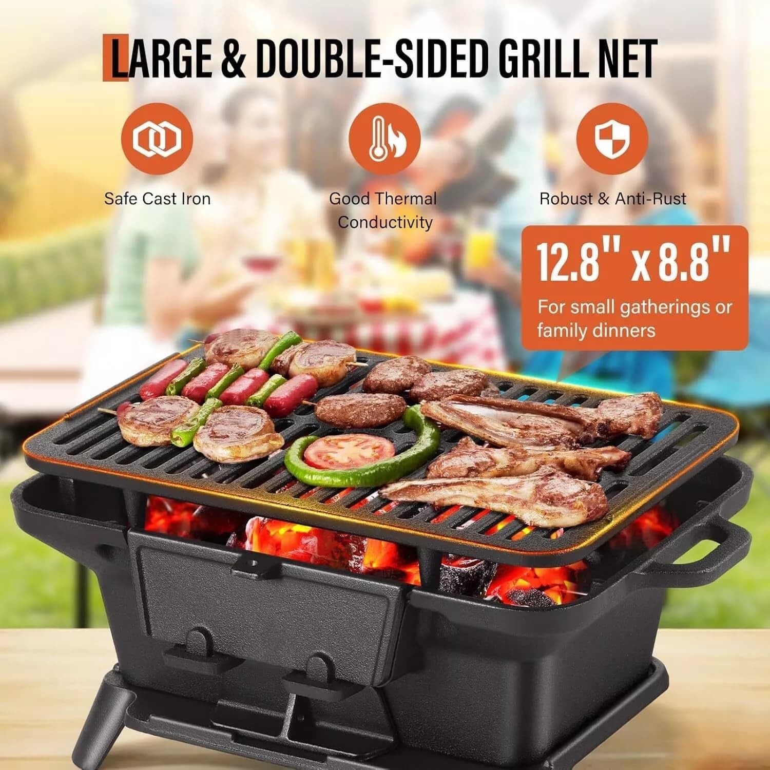 Oval Cast Iron Grill Outdoor - Portable Charcoal Grill & Tabletop Griddle, 19.6' Enameled Camping Stove with Carrying Handles,for BBQ, Tailgating & Hunting (Black,No Carrying Handle)