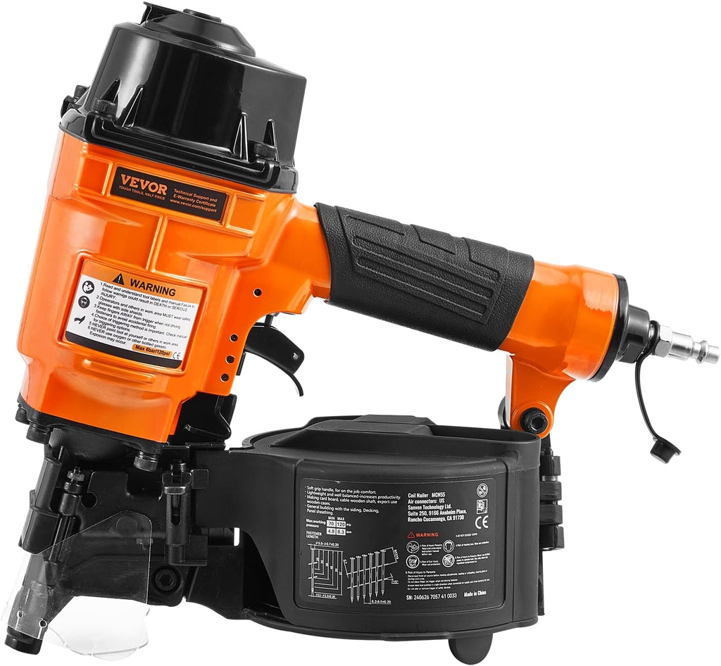 VEVOR MCN55 Coil Siding Nailer, 70-120PSI Air Coil Nailer 1 inch to 2-1/4 inch 15 Degree Pneumatic Siding Nail Gun for Siding, Pallet Sheathing, Fencing, Decking