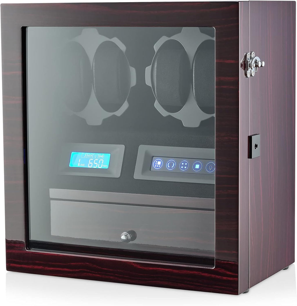 4 Watch Winder with 5 Watch Storage Space, LCD Display, Touch Control and Interior Light