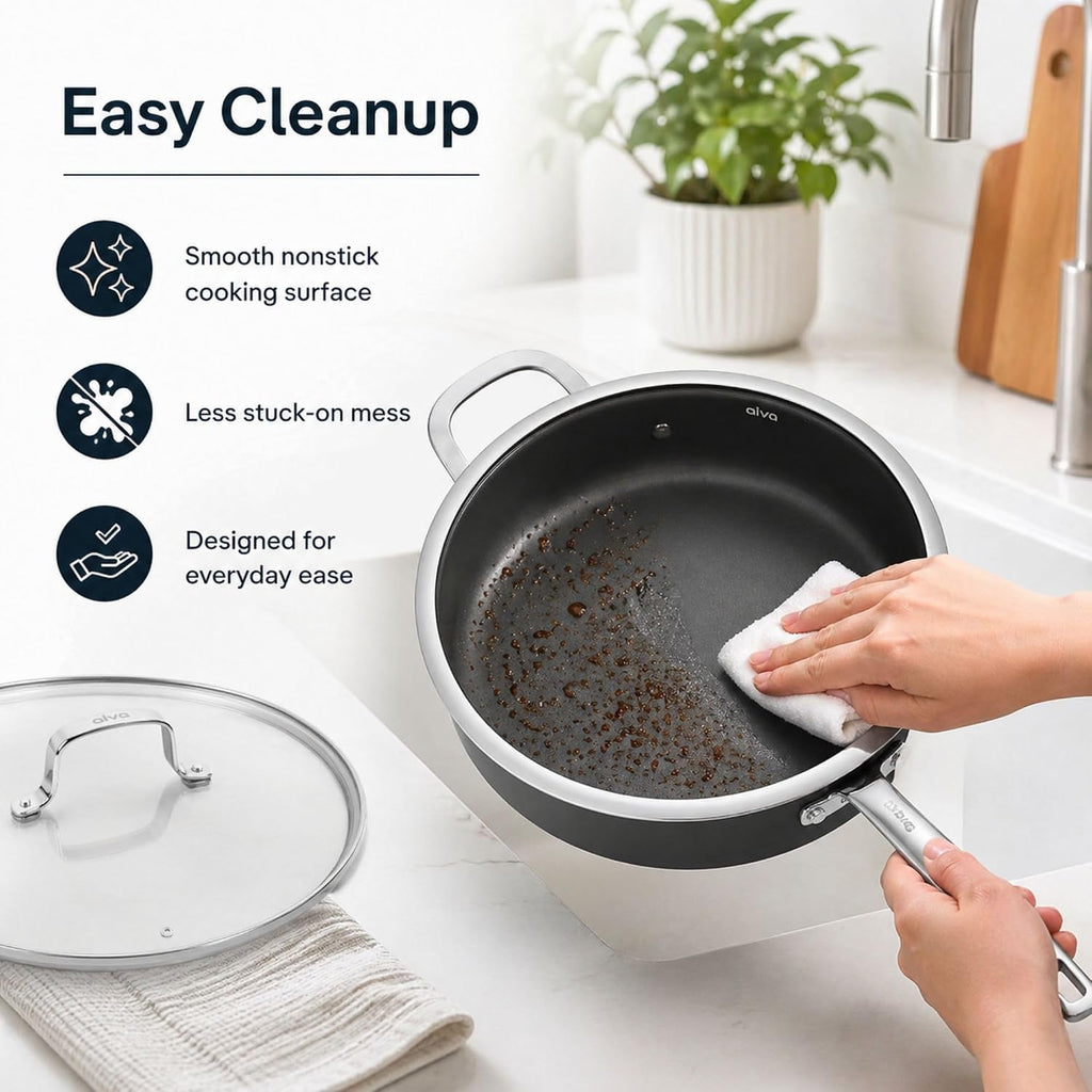 Alva Maestro 4QT Ceramic Nonstick Sauté Pan with Lid – Made With No PTFE, PFOA, PFAS, Oven & Induction Safe to 400°F – Easy Clean, Deep Sauté Pan for Family Meals, Braising & One-Pot Cooking