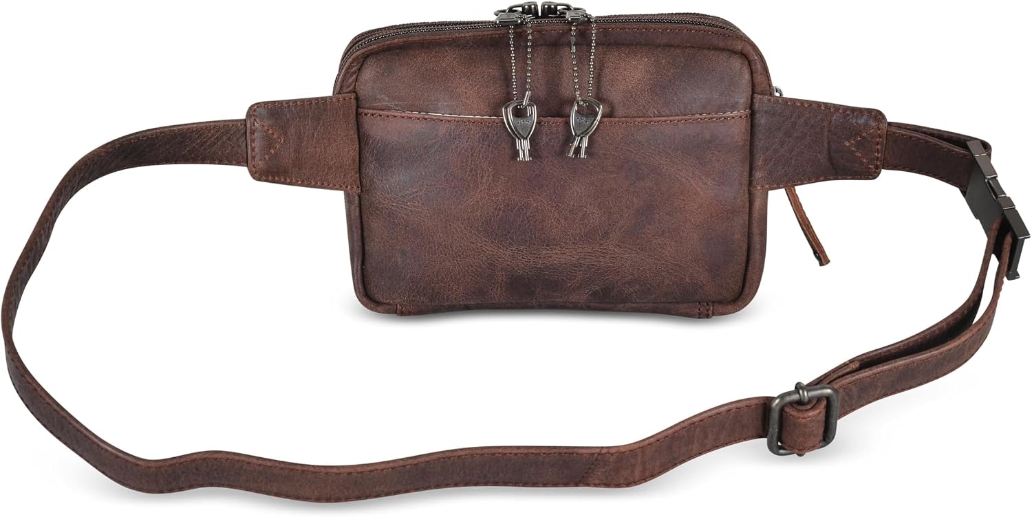 Lady Conceal Kailey Concealed Self Defence Waist Bag by Lady Conceal - Buffalo or Suede Cowhide Leather, 3 Open Sides and Locking Zippers with Universal Holster (Mahogany) - 8' L x 5.5' H x 2.25'