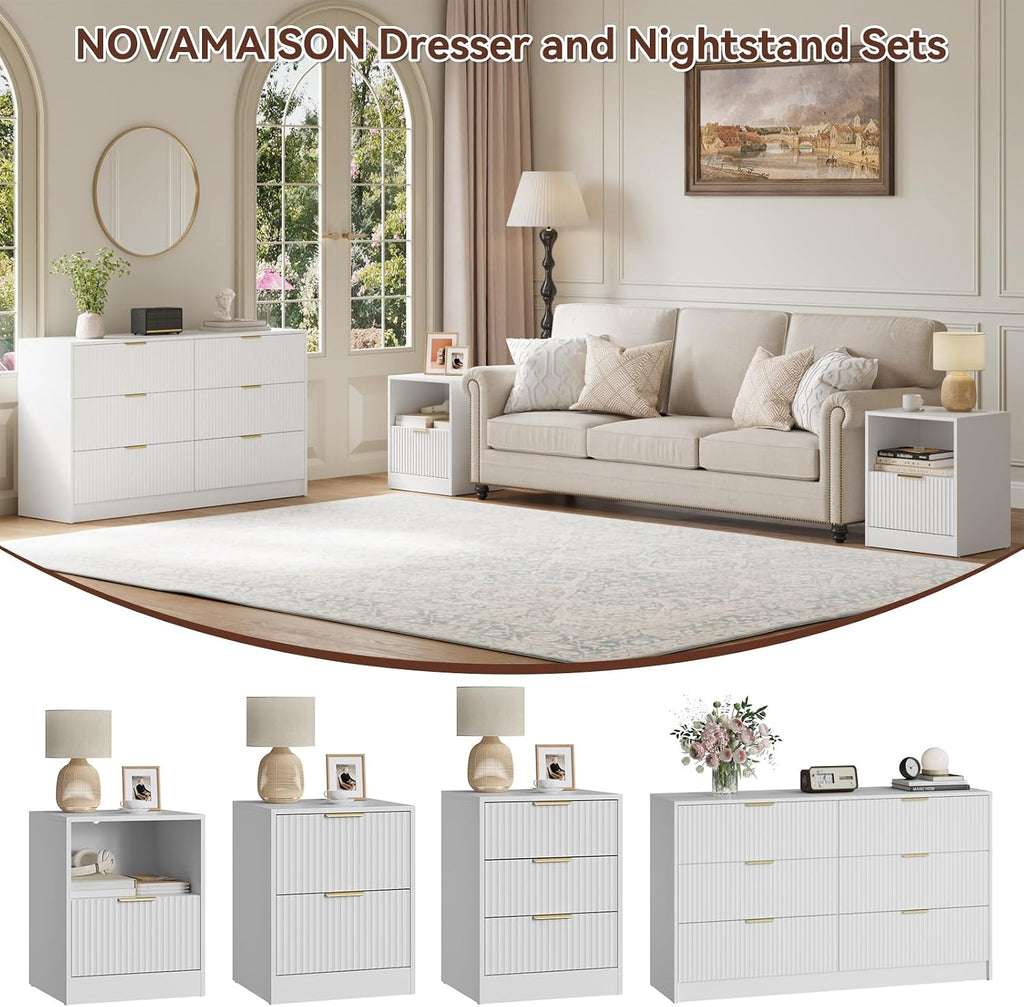 6 Drawer Dresser & Nightstand Set 3-Piece, 55' Wide Bedroom Set Night Stand Set of 2 with Metal Handle, Fluted Modern Wood Chest of Drawers Storage Dressers Set for Bedroom, White