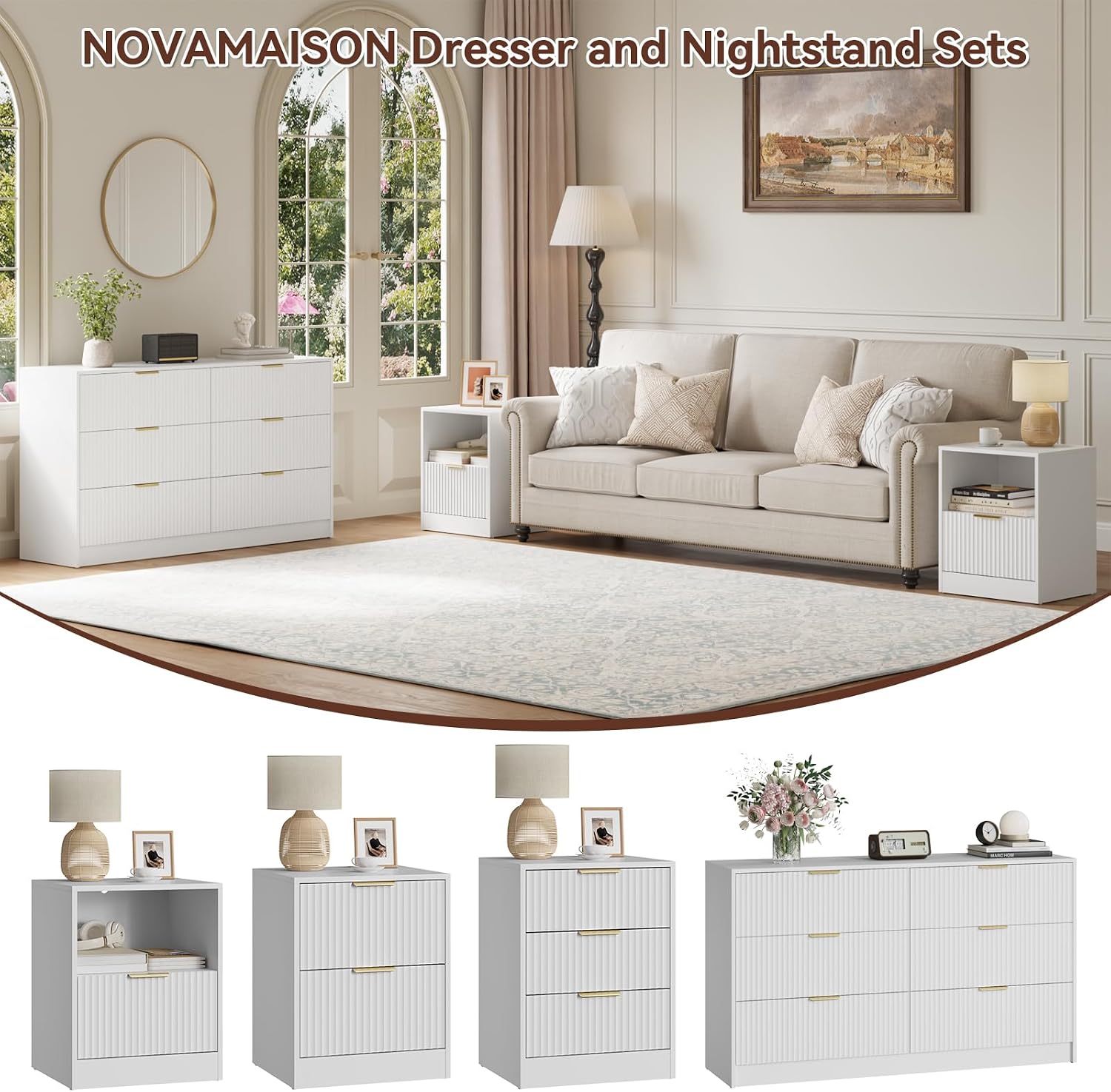 6 Drawer Dresser & Nightstand Set 3-Piece, 55' Wide Bedroom Set Night Stand Set of 2 with Metal Handle, Fluted Modern Wood Chest of Drawers Storage Dressers Set for Bedroom, White