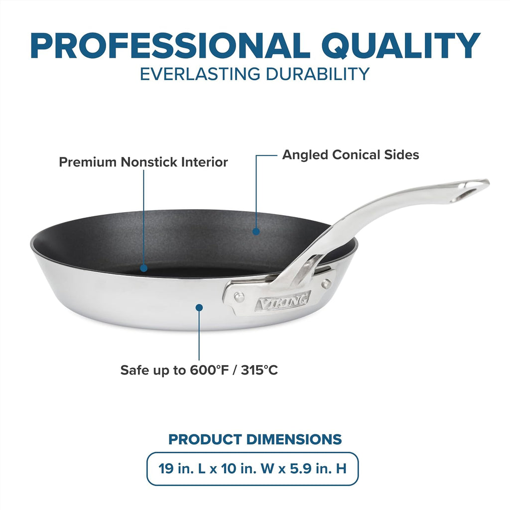 Viking Contemporary 3-Ply Non Stick Frying Pan, 10 Inch Stainless Steel Nonstick Fry Pan, 3 Liters, Silver