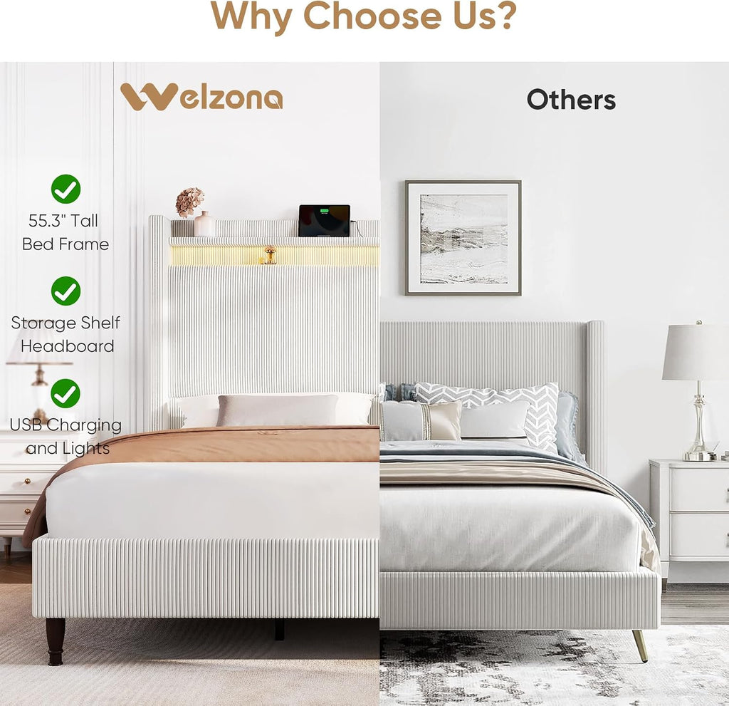 King Size Bed Frame with Tall Headboard, 55.3' Upholstered Platform King Bed Frame, Elegant Corduroy Wingback Bed with LED Lights & Charging Station, No Box Spring Needed, Solid Wood Slats, Cream
