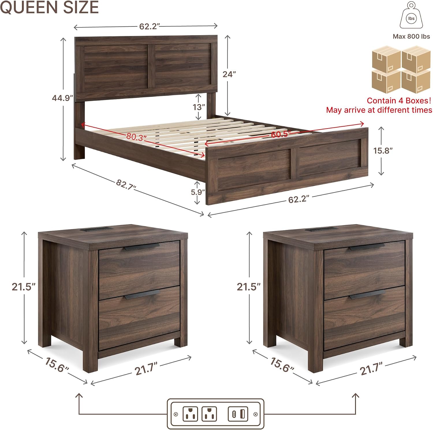 KISLOT 3 Pieces Bedroom Set, Queen Size Wood Platform Bed Frame and 2 Nightstands, Storage Nightstand with Type-C Charging Port, Farmhouse Bedroom Furniture Set