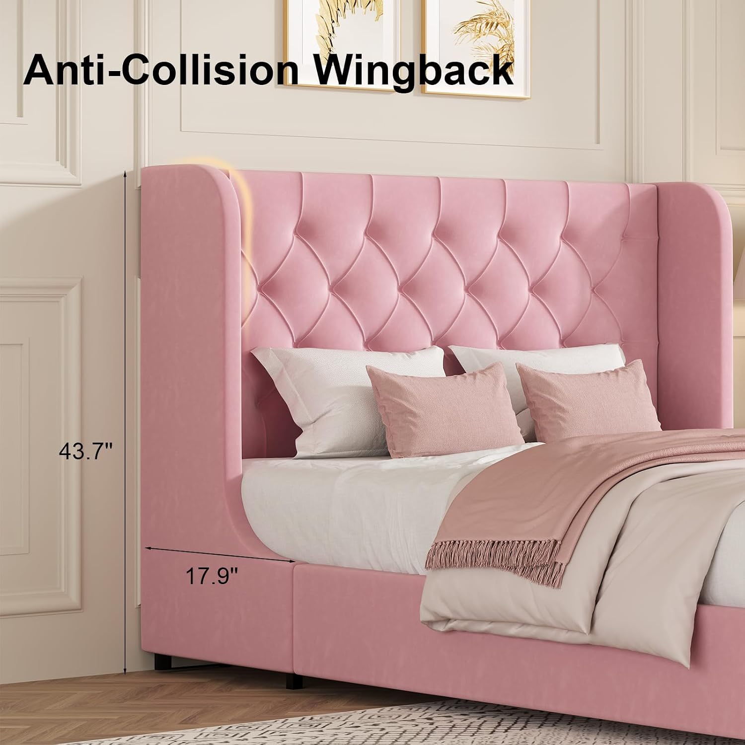 HOMBCK Pink Queen Bed Frame, Upholstered Platform Bed Frame with Velvet Tufted Headboard, Curved Wingback Design, Wooden Slats, No Box Spring, Noise Free, Easy Assembly