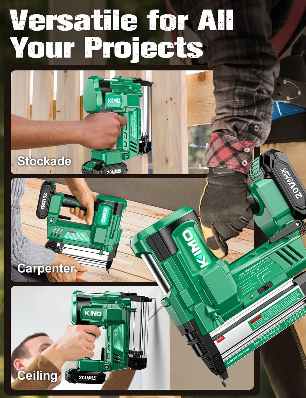 KIMO 2' Brad Nailer Cordless 18 Gauge w/ 20V Battery 2.0Ah X 2, 1000pcs Nails and Staples, 2 Firing Modes,180 Nails/min, Adjustable Nailing Depth, 2 in 1 Cordless Nail Gun and Stapler for DIY Project