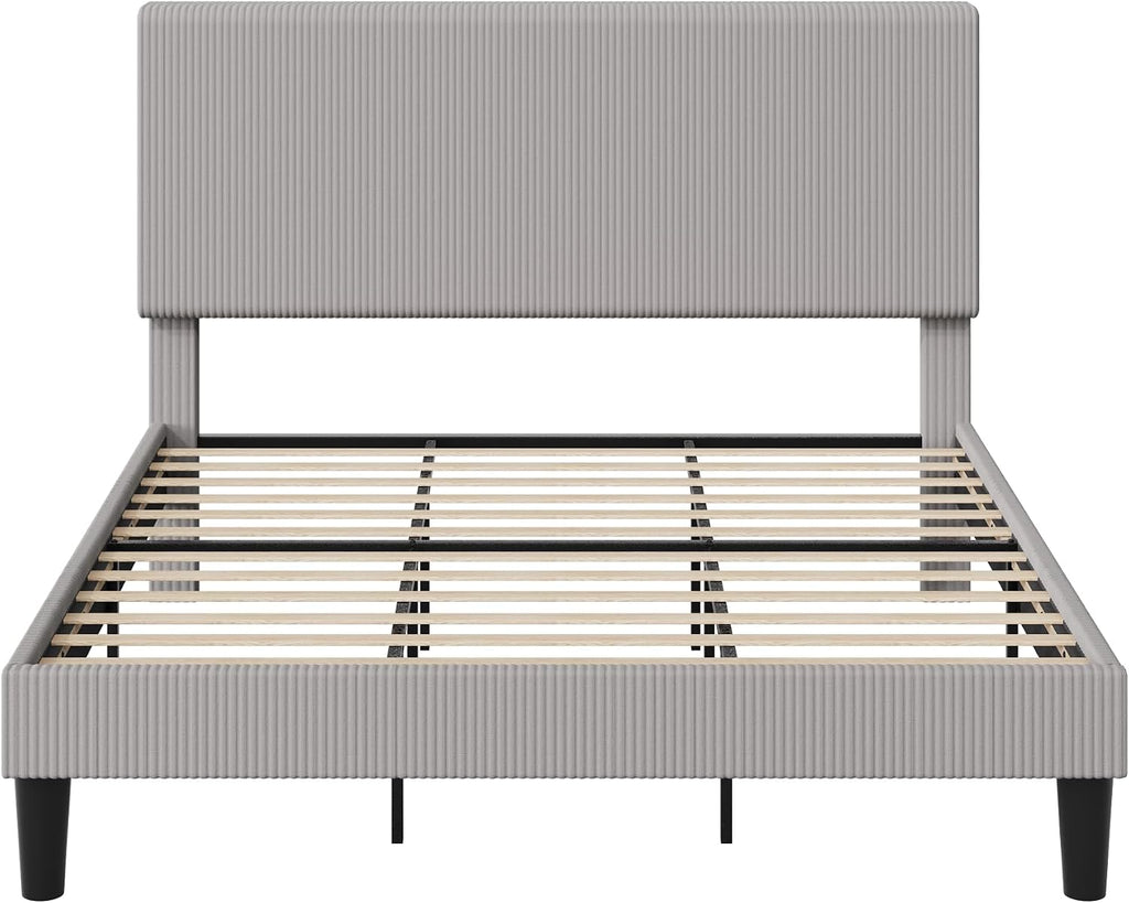 Allewie King Size Upholstered Bed Frame with Vertical Channel Tufted Headboard, Soft Corduroy Fabric Platform Bed, Strong Wooden Slats Support, Easy Assembly, No Box Spring Needed, Light Grey