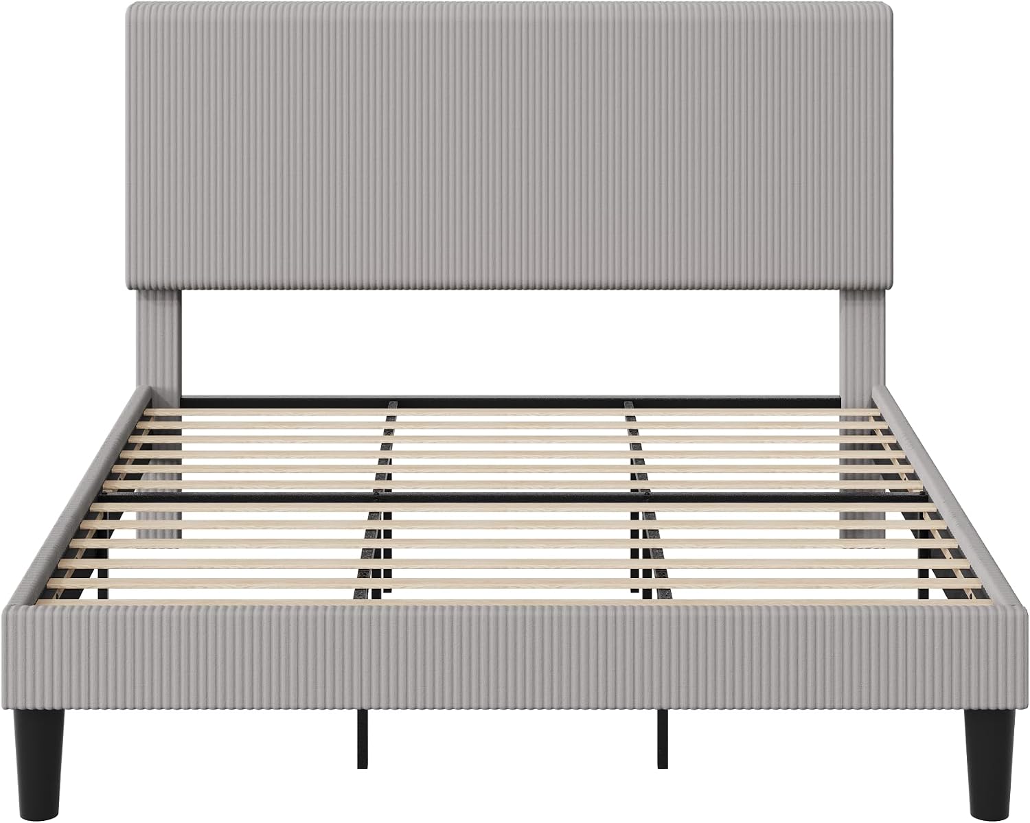 Allewie King Size Upholstered Bed Frame with Vertical Channel Tufted Headboard, Soft Corduroy Fabric Platform Bed, Strong Wooden Slats Support, Easy Assembly, No Box Spring Needed, Light Grey