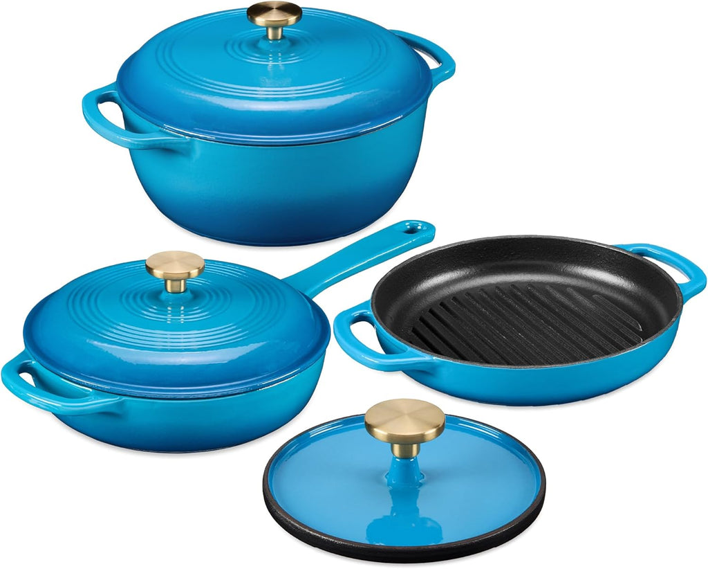 Best Choice Products Non-Stick Pot & Pan Cookware Set, Cast Iron, 2Qt Skillet W/Lid, 10' Grill Or Griddle Pan W/Press, 6Qt Enameled Dutch Oven, Non-toxic, For Cooking & Grilling - Blue
