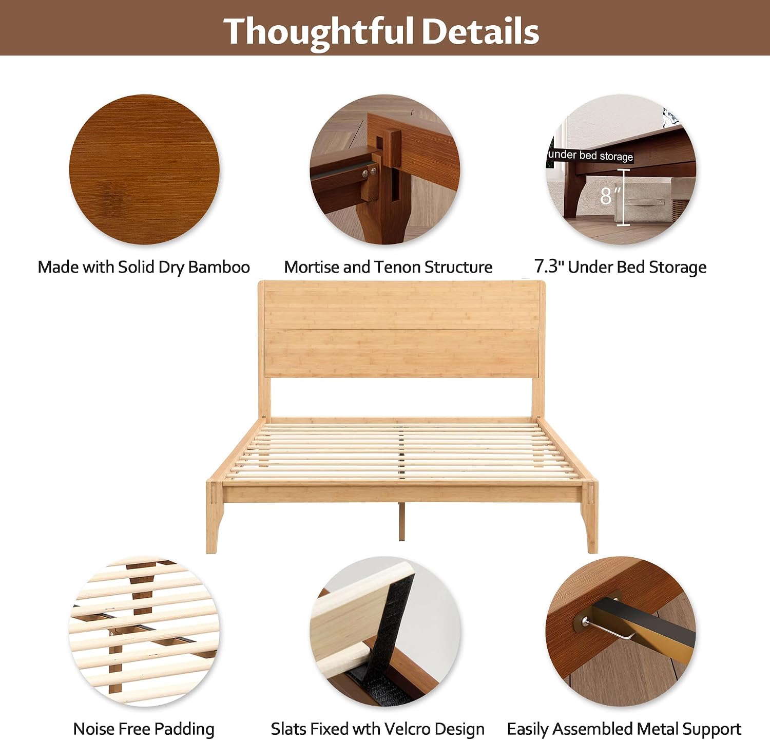Merax King Size Bamboo Platform Bed, Mid-Century Modern Bed Frame with Tall Headboard, Solid Sustainable Bedframe King-Size, Wood Slat Support, No Box Spring Needed, Easy Assembly, Natural