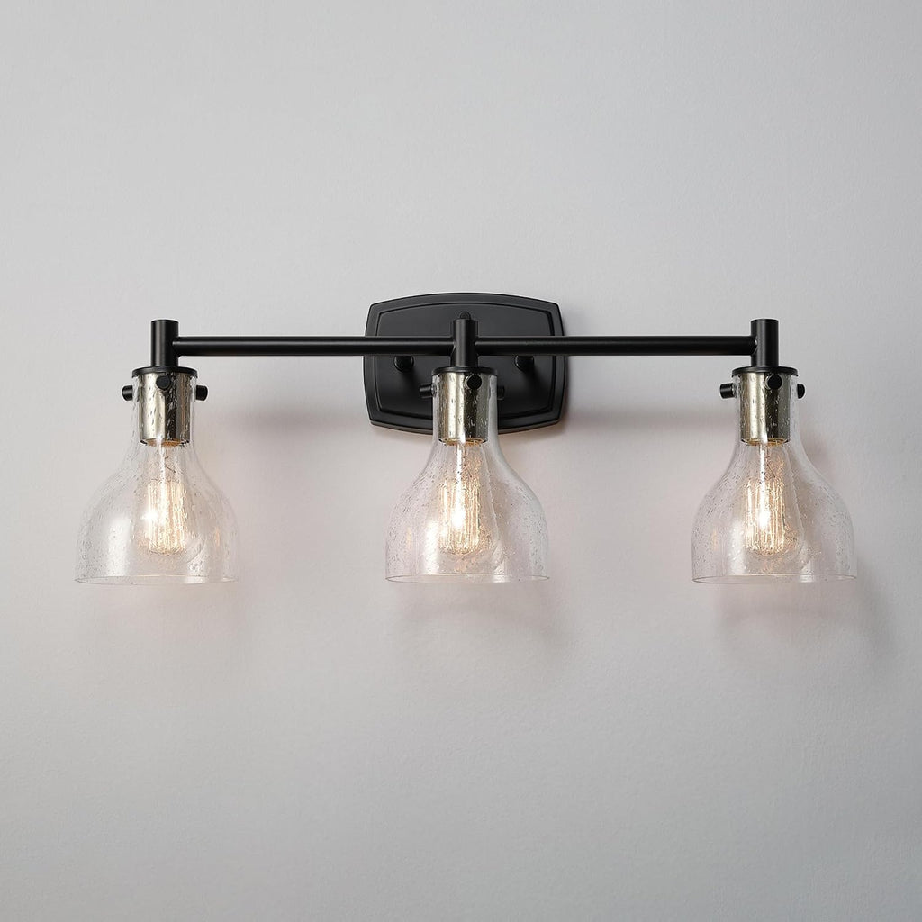 GLOBE Electric 63000062 5-Piece All-in-One Bathroom Set, Matte Black & Brass, 3-Light Vanity Light, Seeded Glass, Towel Bar, Toilet Paper Holder, Towel Ring, Robe Hook, Bathroom Lights Over Mirror