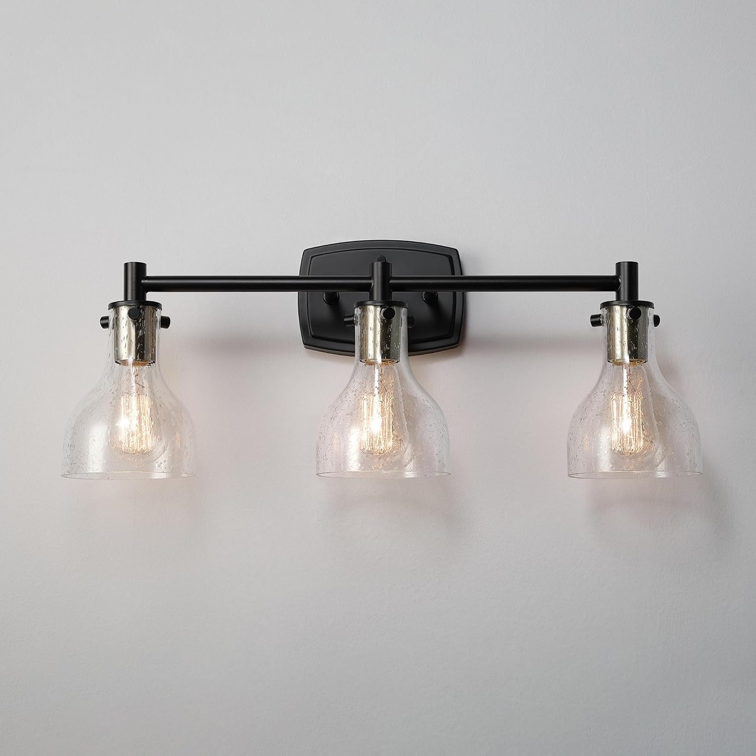 GLOBE Electric 63000062 5-Piece All-in-One Bathroom Set, Matte Black & Brass, 3-Light Vanity Light, Seeded Glass, Towel Bar, Toilet Paper Holder, Towel Ring, Robe Hook, Bathroom Lights Over Mirror