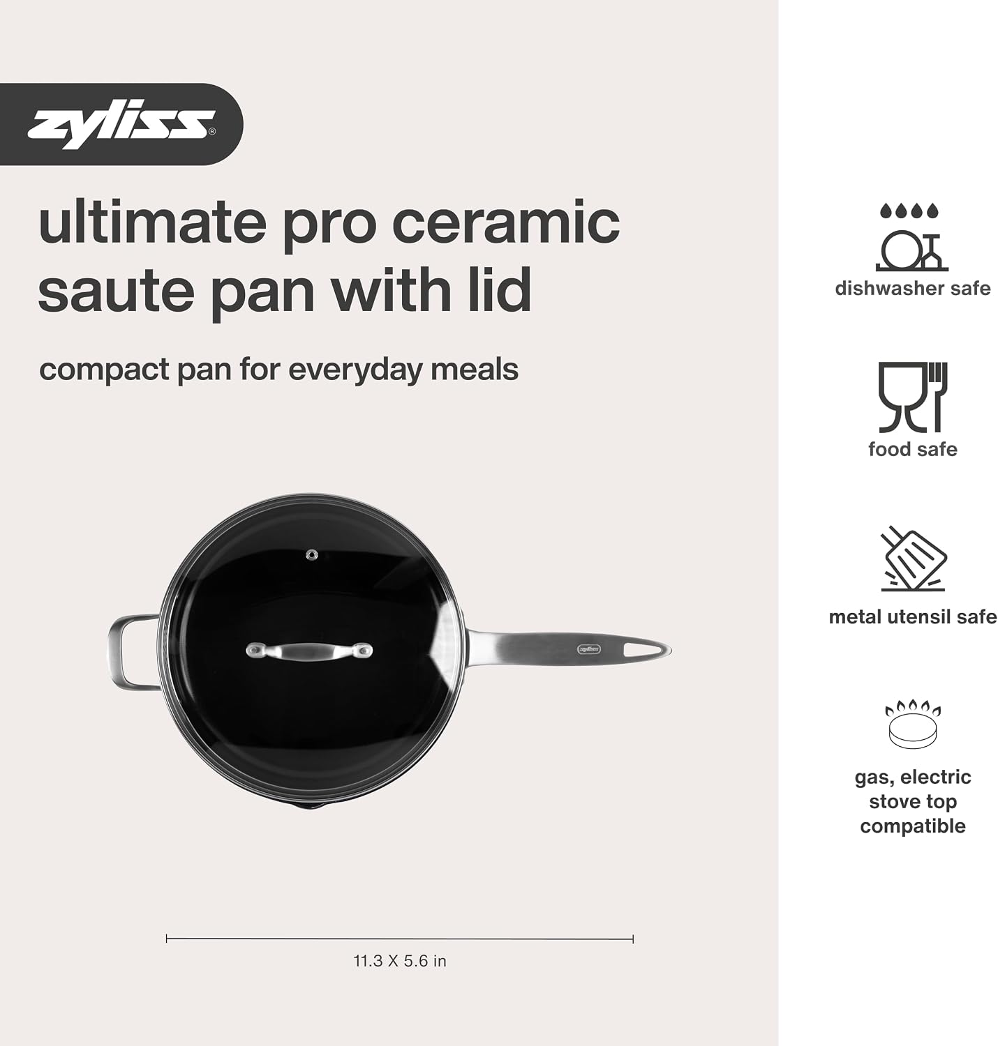 Zyliss Ultimate Pro Sauté Pan with Lid - Aluminium Pan with Non-Stick Ceramic Coating & Glass Lid - Durable & Versatile Cooking & Searing Pan - Dishwasher & Oven-Safe - 11'