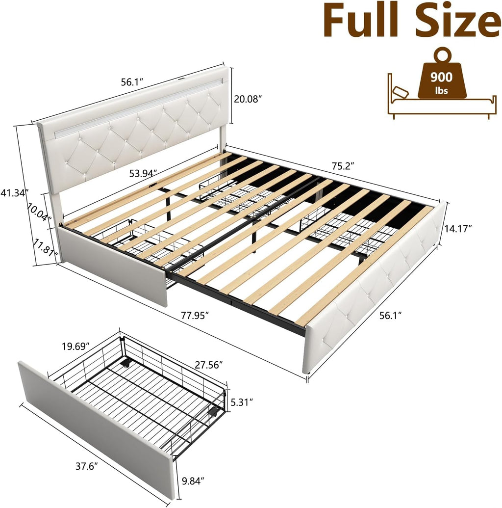 Benevika Full Size Bed Frame with 4 Drawers and LED Light, Charge Station, PU Leather Upholstered Platform Storage Bed with Adjustable Headboard, Wooden Slats Support, No Box Spring Needed, White