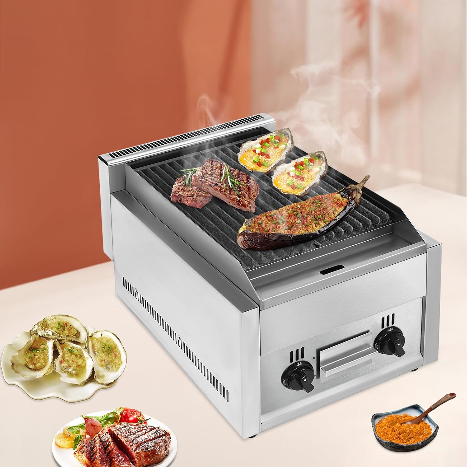 Commercial Gas Grill, Heavy Duty Countertop Gas Grill Stainless Steel Griddle Professional Propane Gas Grill for Outdoor Indoor Home Kitchen Restaurant Party BBQ Barbecue