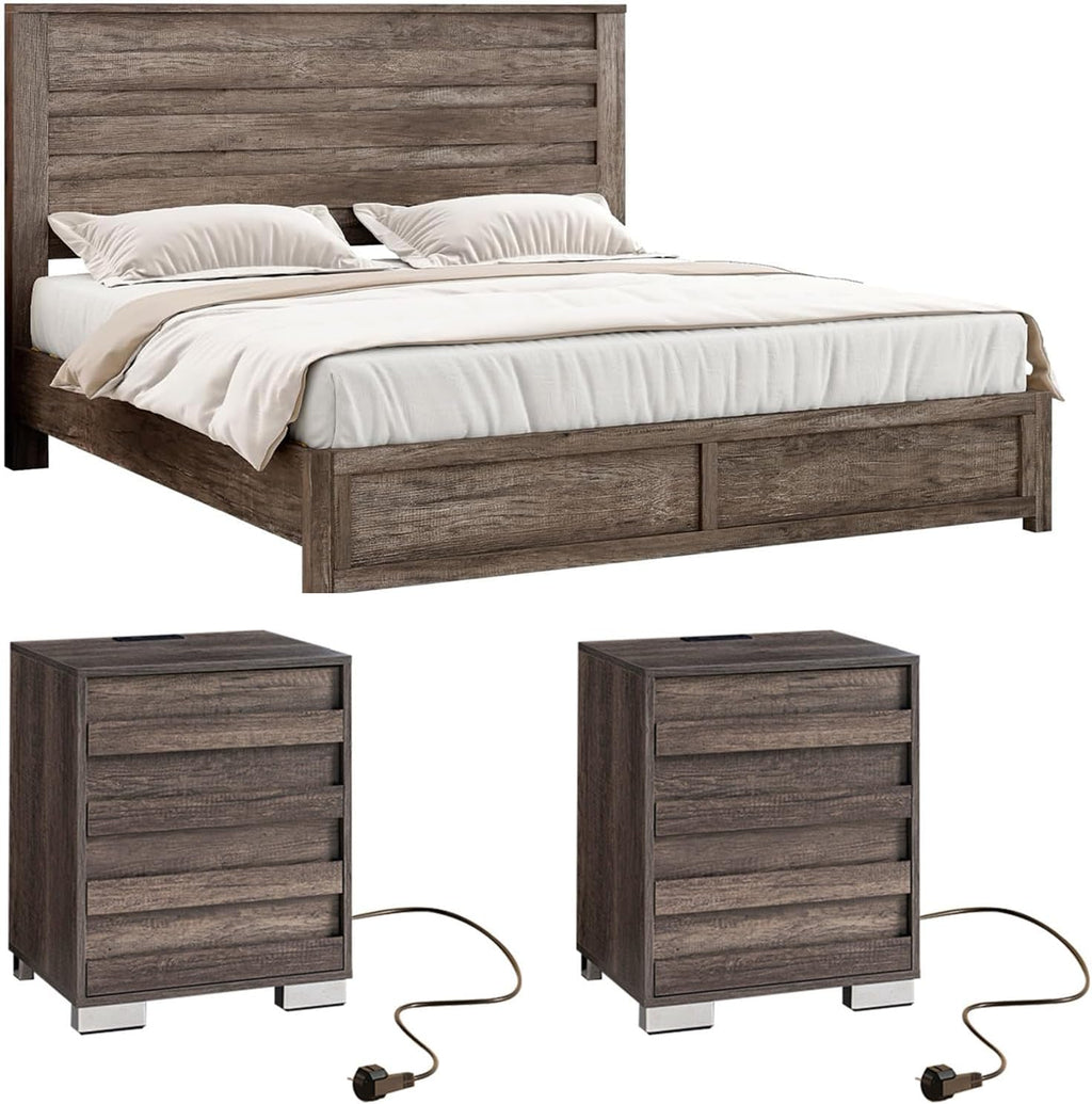 LUXOAK 3 Pcs Bedroom Furniture Sets,Includes Farmhouse Full Size Bed Frame with 49' Tall Headboard and Nightstand Sets of 2 with Charging Station, Slated Handles & Stainless Steel Feet, Rustic Grey