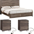 LUXOAK 3 Pcs Bedroom Furniture Sets,Includes Farmhouse Full Size Bed Frame with 49' Tall Headboard and Nightstand Sets of 2 with Charging Station, Slated Handles & Stainless Steel Feet, Rustic Grey