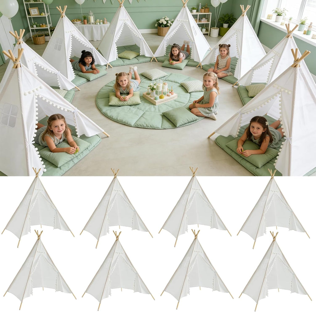 8 Pack Teepee Tent for Kids with Lights, Cotton Indoor Play Teepee with Pompom for Girls & Boys, Sleepover Tents for Boho Slumber Spa Party
