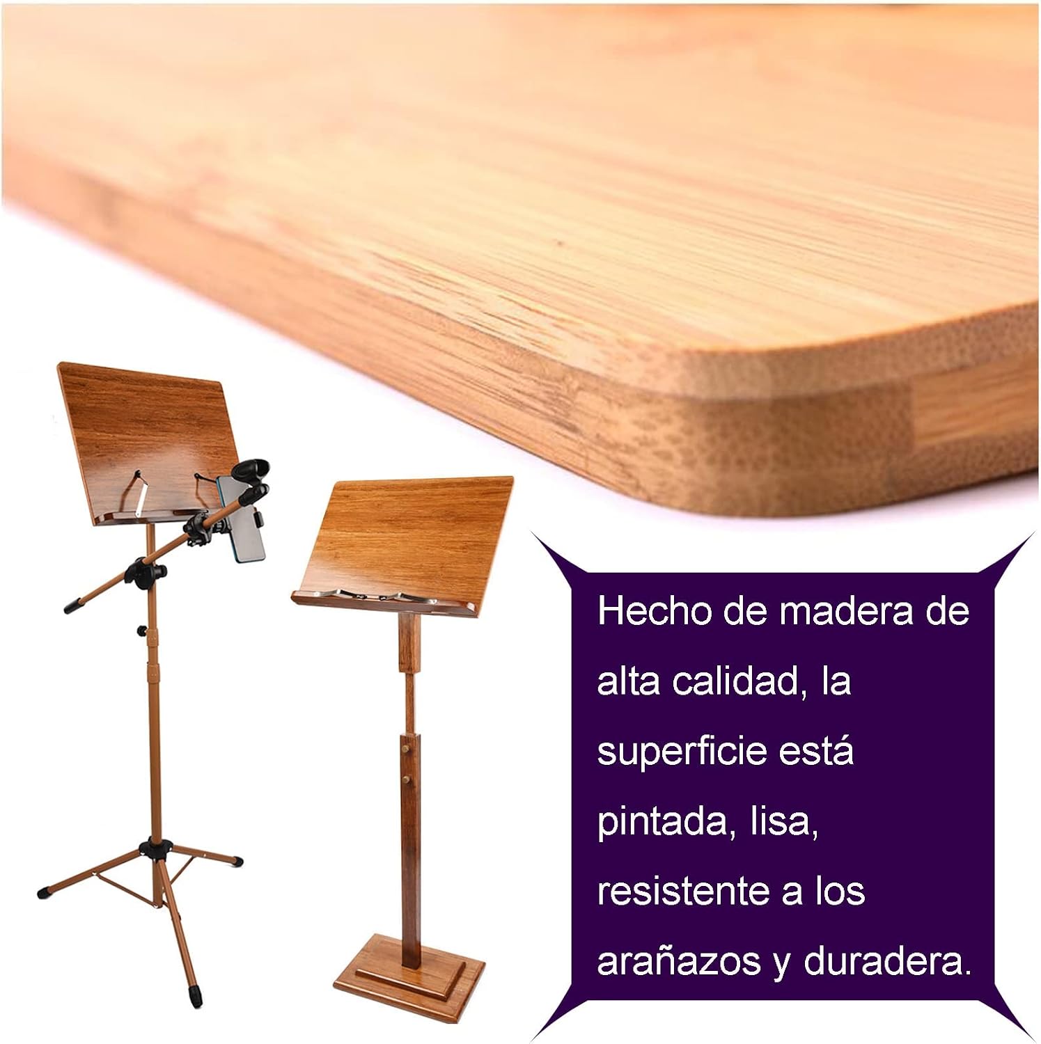 Dual-use Sheet Music Stand & Desktop Book Stand, Guitar Music Stand, Not Easy to Collapse Or Shake, and Beautiful, Music Stand with Phone Holder Microphone Holder,Wood-17cm*45cm*75cm