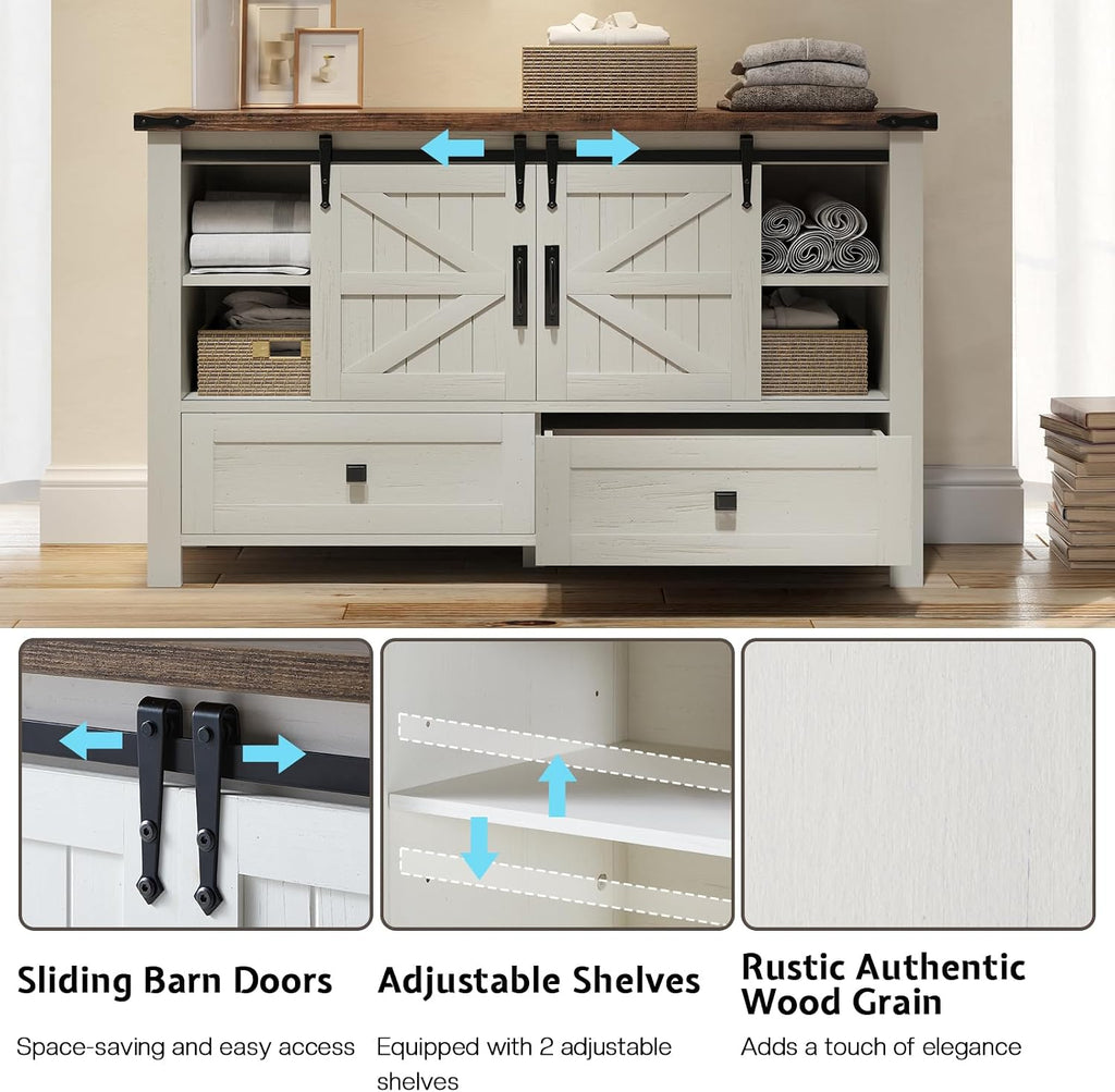 LUXOAK 3 Pieces Bedroom Set - Includes 60' Farmhouse Dresser, 48' Chest of Drawers with Sliding Barn Doors, 48' Tall Storage Cabinet with 5 Drawers, Rustic White