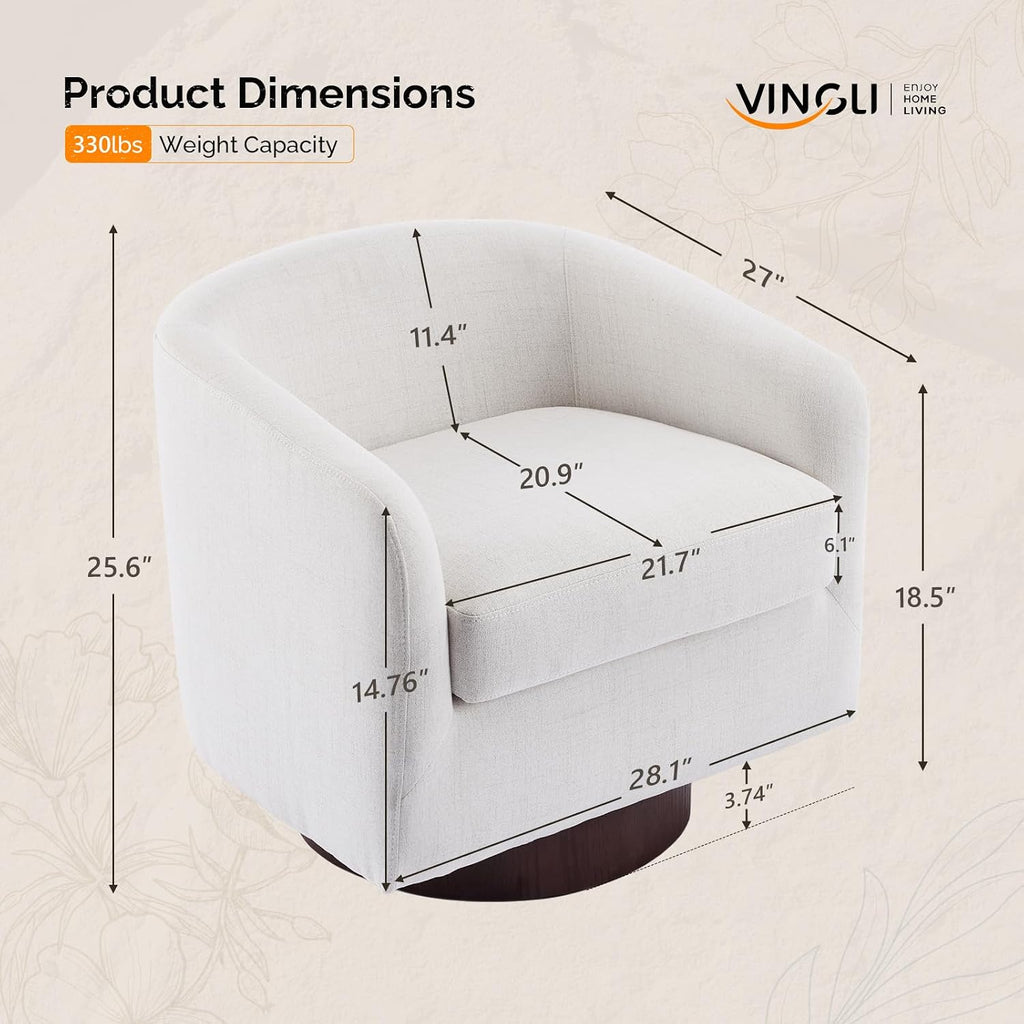 VINGLI 360°Swivel Accent Chairs Set of 2 with Engineered Wood Base and Removable Cushion for Living Room, Bedroom, Curved Back Barrel Chairs for Small Space, Upholstered Bucket Armchairs, Linen Beige