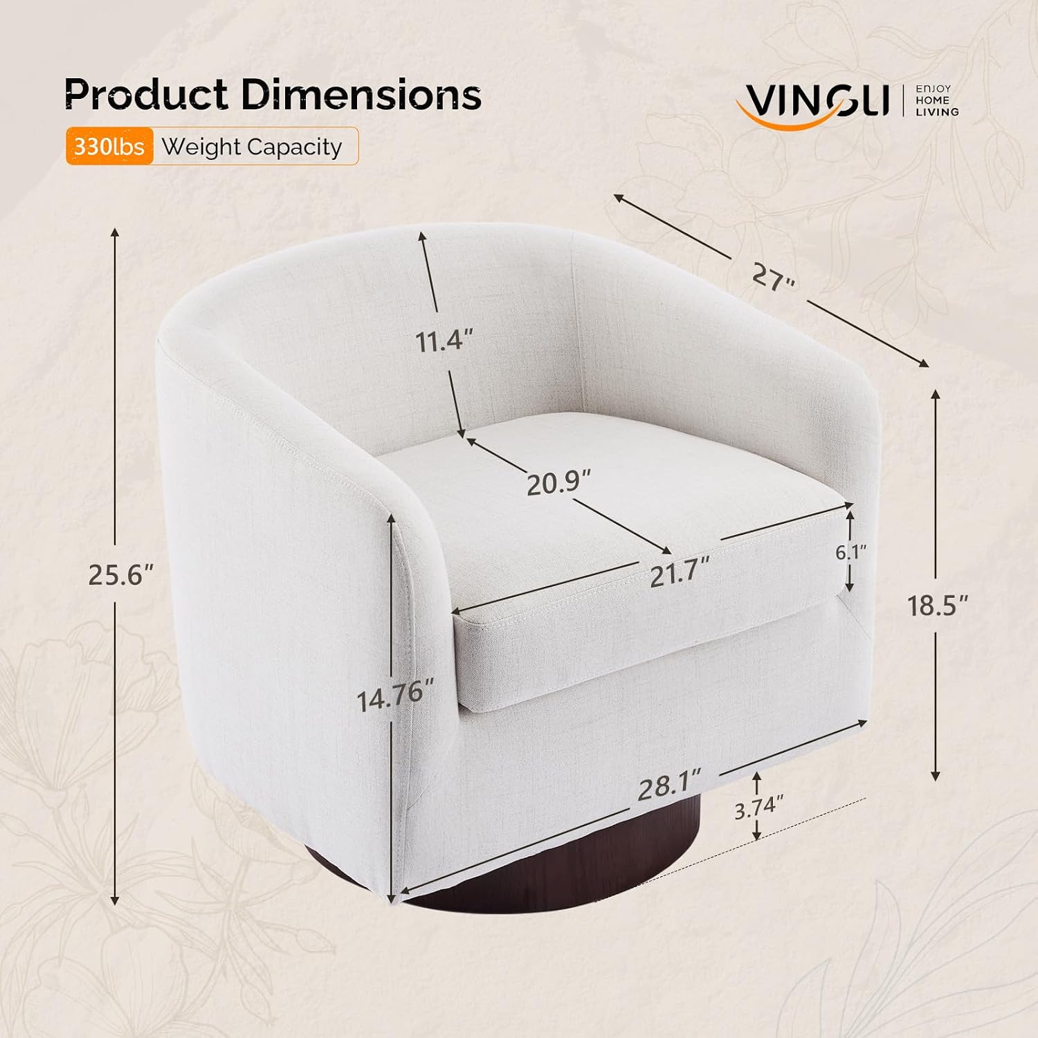 VINGLI 360°Swivel Accent Chairs Set of 2 with Engineered Wood Base and Removable Cushion for Living Room, Bedroom, Curved Back Barrel Chairs for Small Space, Upholstered Bucket Armchairs, Linen Beige