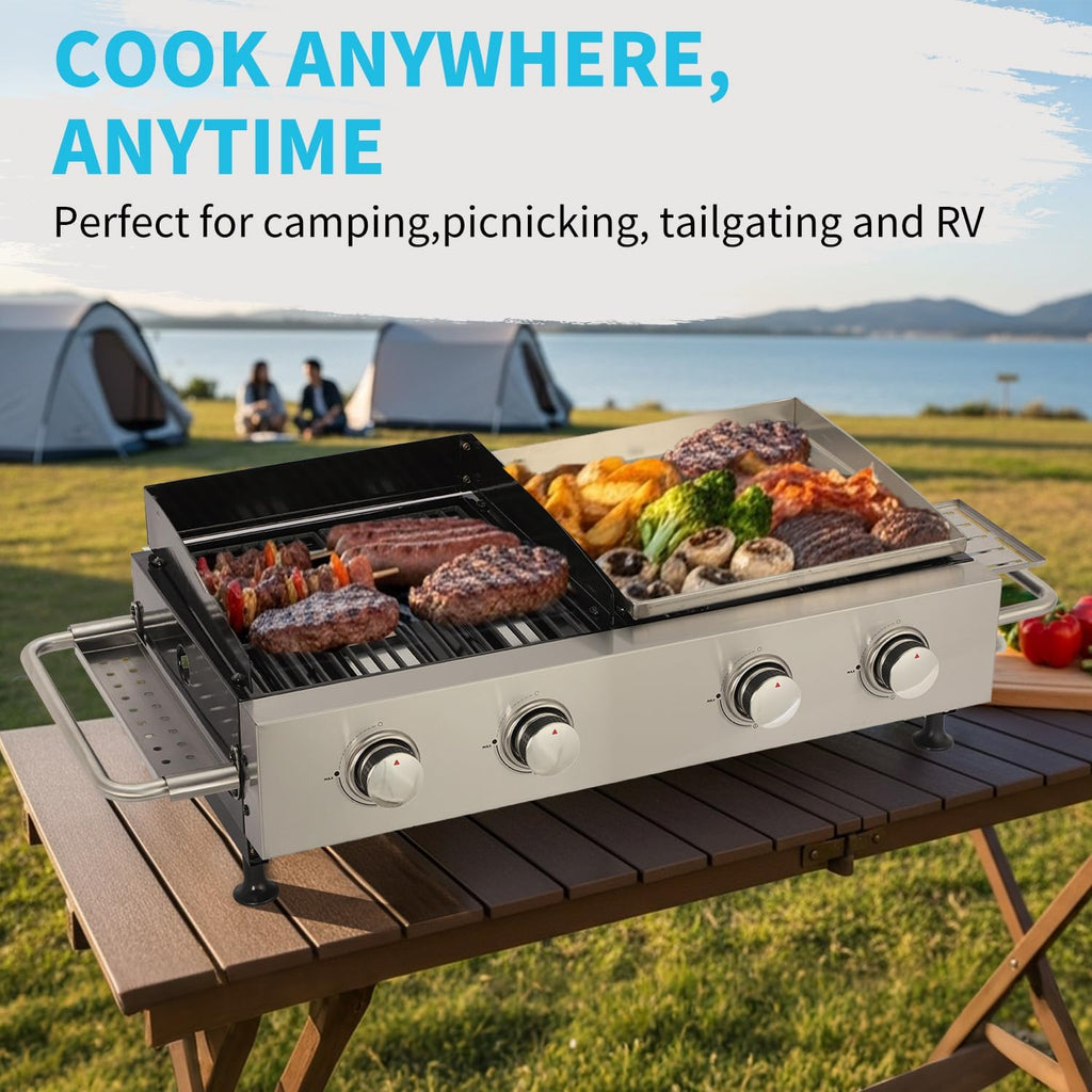 4 Burner Portable Gas Grill Griddle Combo, Flat Top Propane Grill with Leg, Tabletop BBQ Grill 40,000 BTUs Output for Backyard Camping Tailgating or Outdoor Cooking