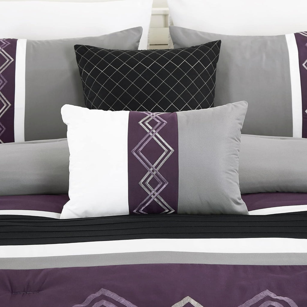 Chezmoi Collection Arden 7-Piece Modern Pleated Stripe Embroidered Zigzag Bedding Comforter Set (Oversized King, Purple/Black/Gray/White)