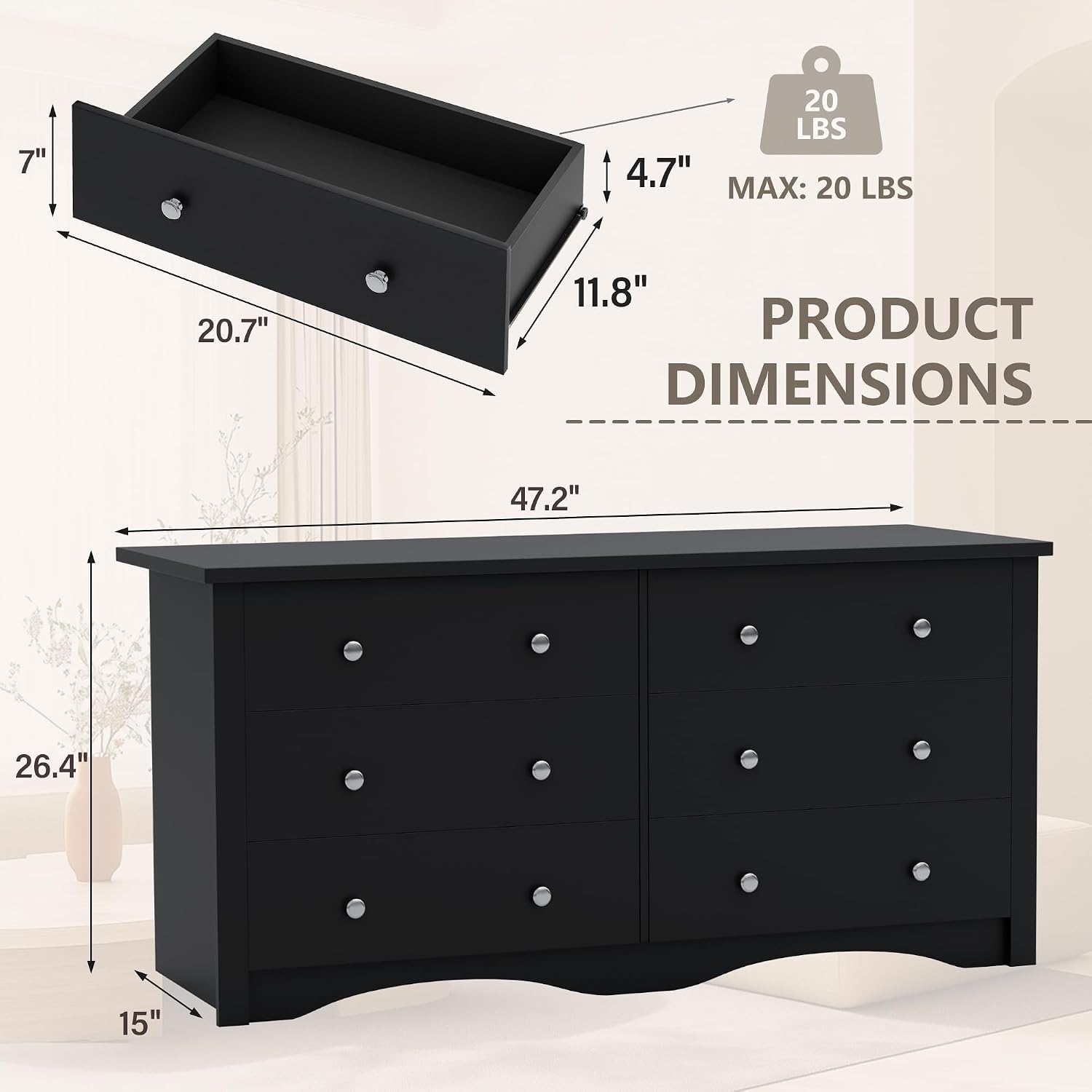 YESHOMY Dresser for Bedroom,6 Drawer Dressers, Storage Chest of Drawers for Hallway,Living Room, Entryway(Pure Black)