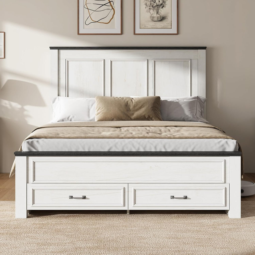 AMERLIFE 52.2' Queen Size Farmhouse Bed Frame with Tall Panel Headboard, Storage Bed Frame with Spacious Drawers, No Box Spring Needed, Platform Bed Frame for Bedroom, Rustic White