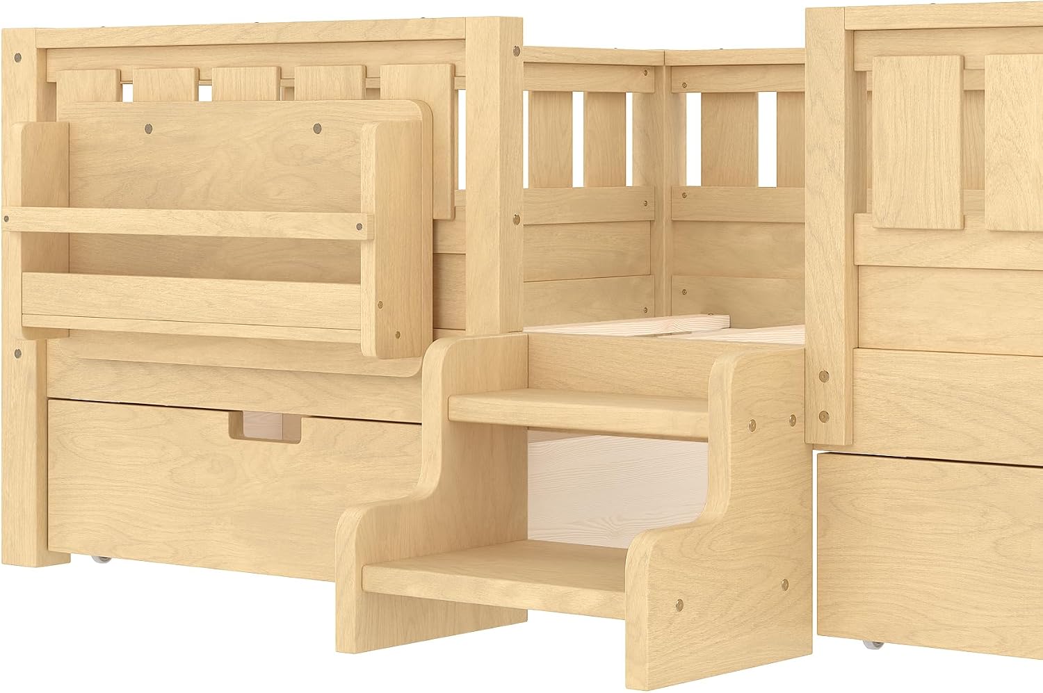 Bellemave Full Floor Bed with Stairs, Rails and Slats, Full Size Montessori Floor Bed with Bookshelf and 2 Storage Drawers, Easy Assemble Montessori Beds Frame for Girls, Boys, Light Natural