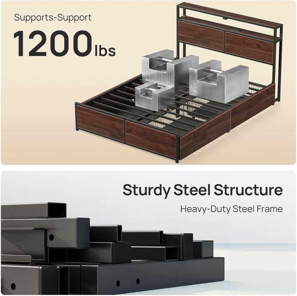 Rolanstar Queen Bed Frame with 4 Storage Drawers, Charging Station and LED Lights, Metal Platform Bed with 2-Tier Storage Headboard, No Box Spring Needed, Easy Assembly, Noise-Free, Walnut