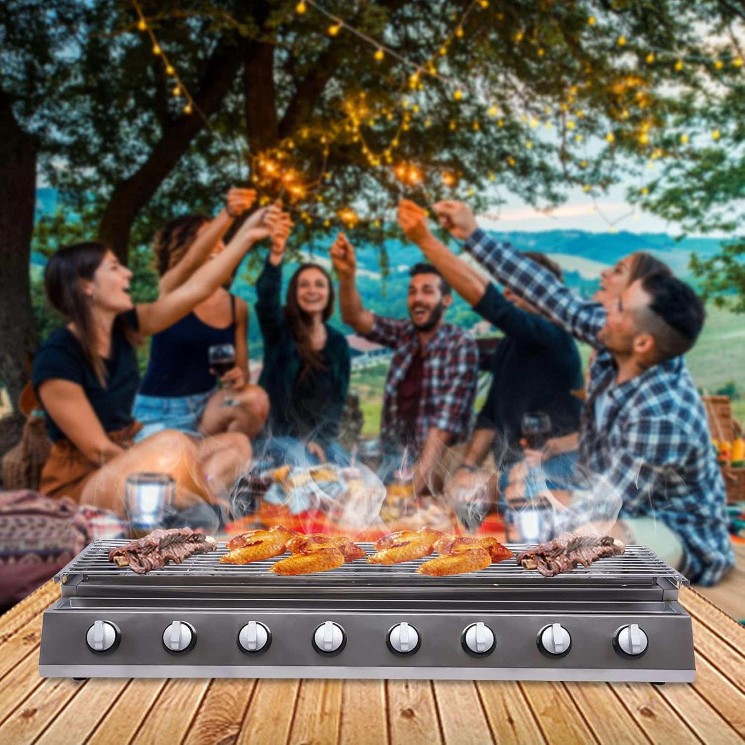 LYNICESHOP 8 Burners BBQ Gas Grill, BBQ Gas Grill LPG Tabletop Gas Grill Stainless Steel w/Steel Shield Gas Grill Griddle Patio Garden Barbecue Grill with Adjustable Height for Party Backyard BBQ