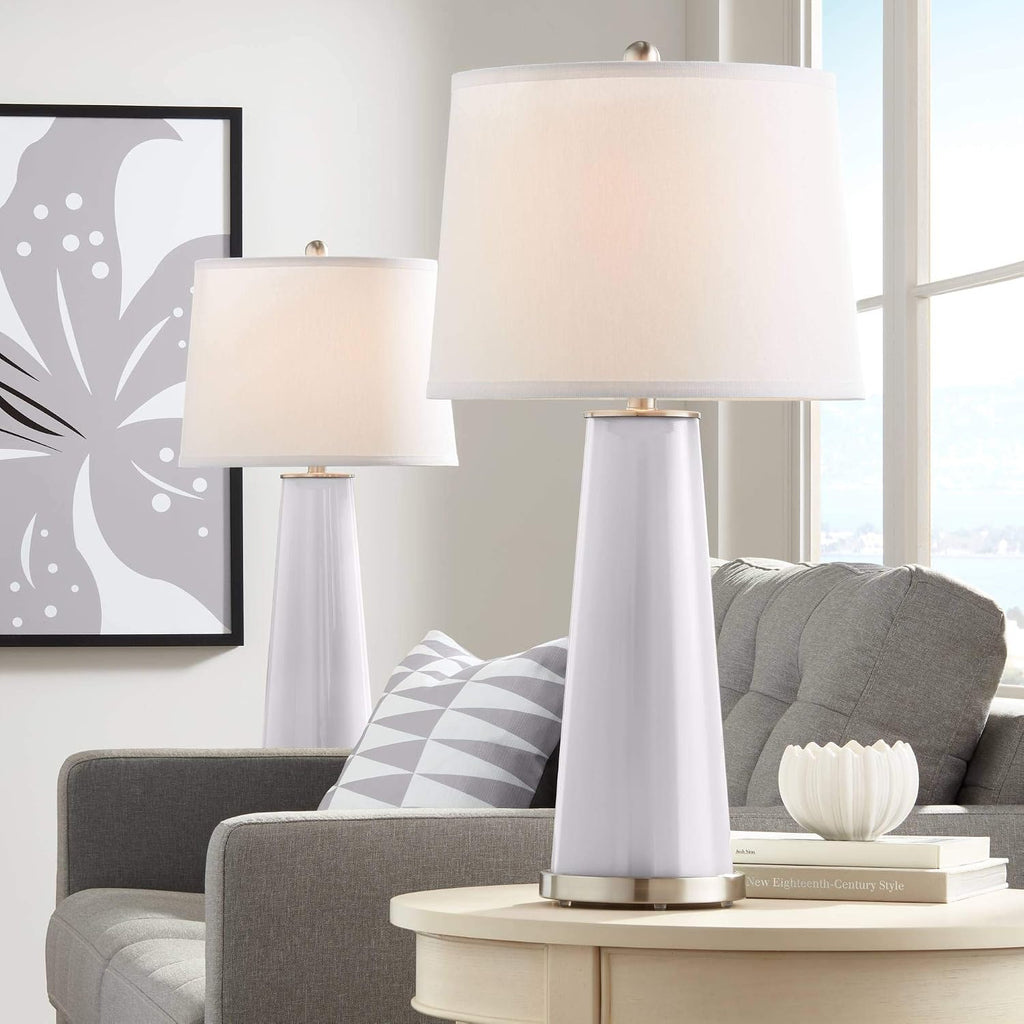Color + Plus Leo Modern Table Lamps 29 1/2' Tall Set of 2 Swanky Gray Glass Tapered Column Plain White Drum Shade Decor for Bedroom Living Room House Home Bedside Nightstand Office Family