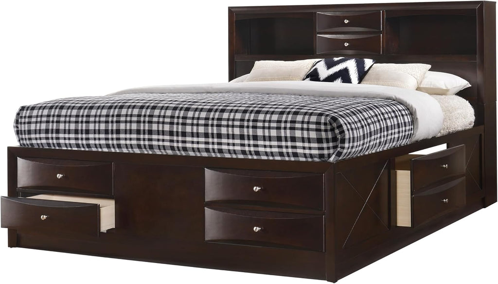 6pc Master Bedroom Set Brown Cherry Finish Solid Wood Platform King Size Captain's Bed Wooden Furniture