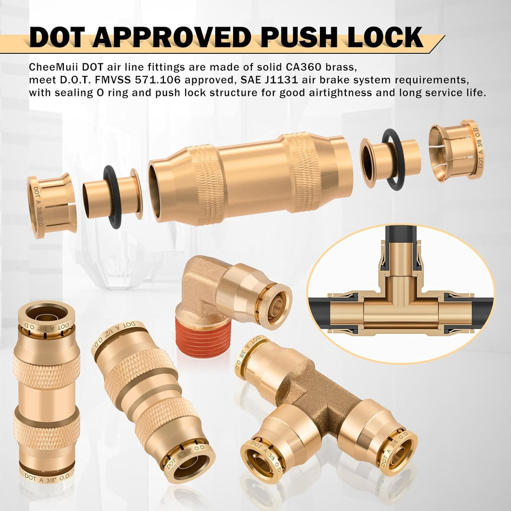 CheeMuii 156 PCS Brass DOT Air Line Fittings with 4 Roll 100FT 1/8' 1/4' 3/8' 1/2' DOT Air Lines Kit Push Lock Air Fitting Quick Connect Air Fittings with Air Hose Pneumatic Tubing