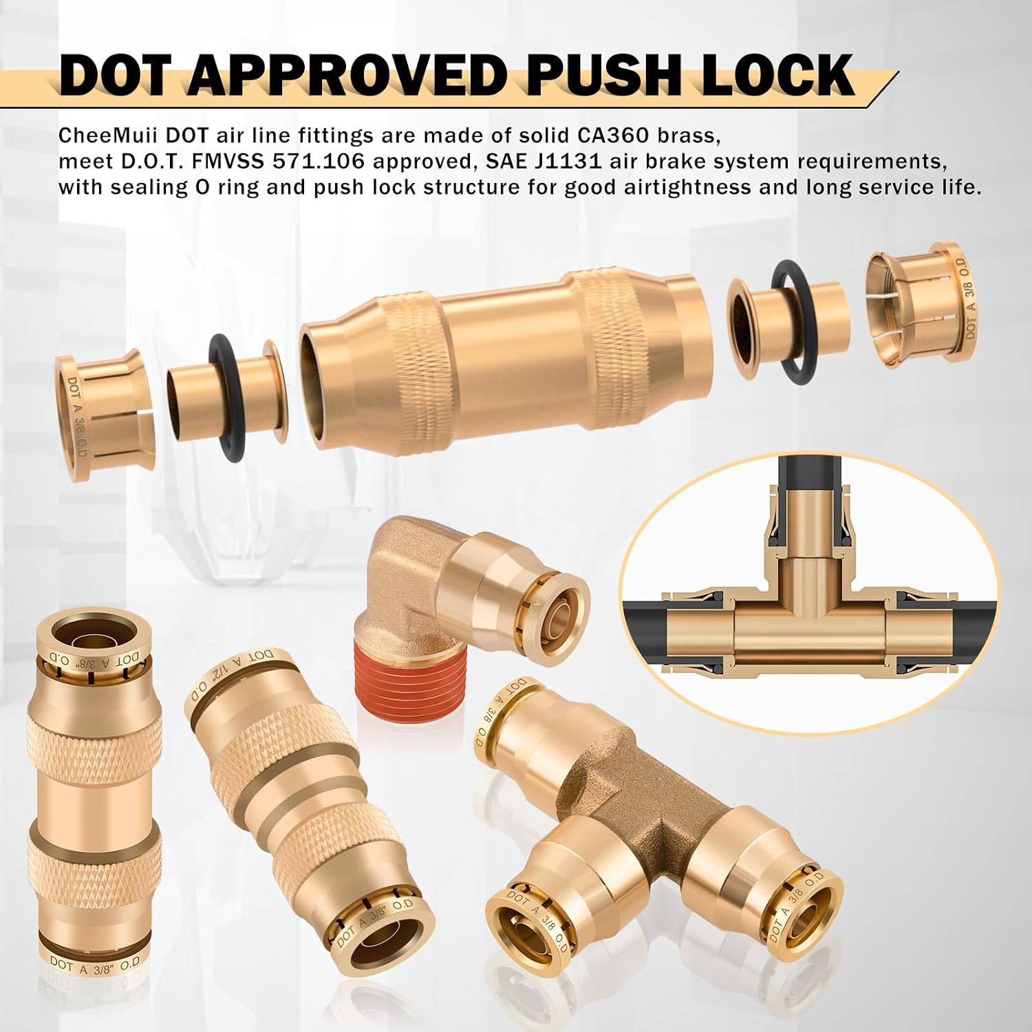 CheeMuii 112 PCS Brass DOT Air Line Fittings with 3 Roll 100FT 1/4' 3/8' 1/2' DOT Air Lines Kit Push Lock Air Fitting Quick Connect Air Fittings with Air Hose Pneumatic Tubing