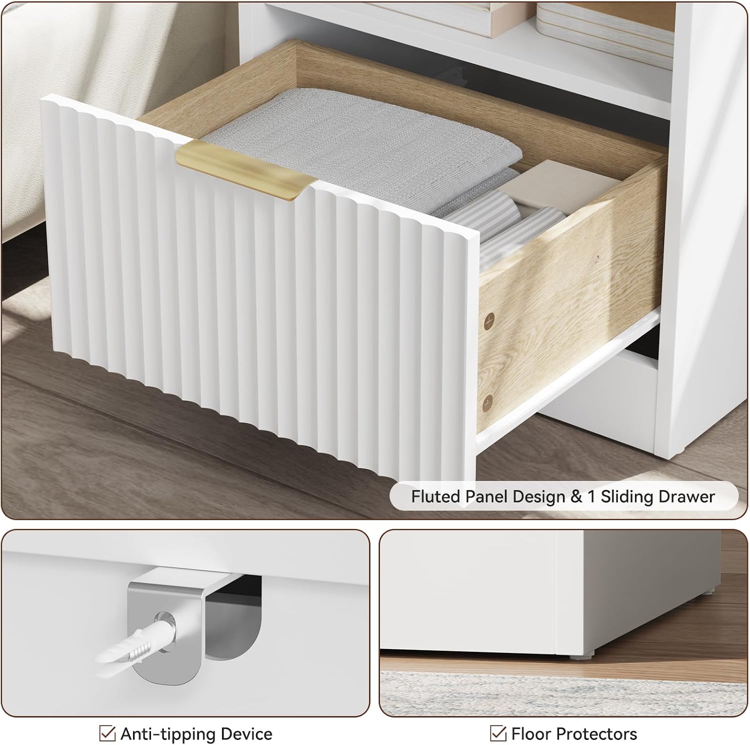 6 Drawer Dresser & Nightstand Set 3-Piece, 55' Wide Bedroom Set Night Stand Set of 2 with Metal Handle, Fluted Modern Wood Chest of Drawers Storage Dressers Set for Bedroom, White