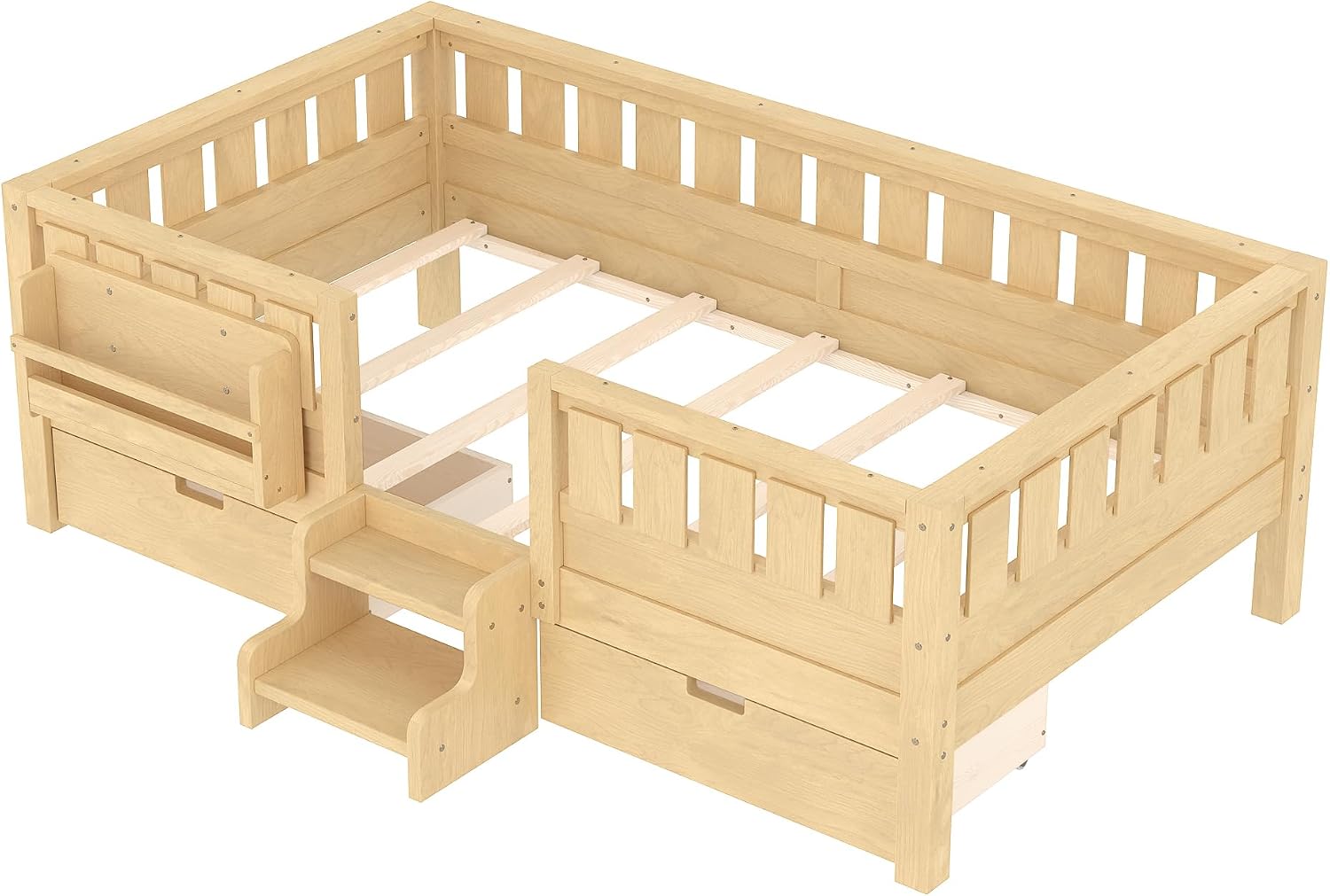 Bellemave Twin Floor Bed with Stairs, Rails and Slats, Twin Size Montessori Floor Bed with Bookshelf and 2 Storage Drawers, Easy Assemble Montessori Beds Frame for Girls, Boys, Light Natural
