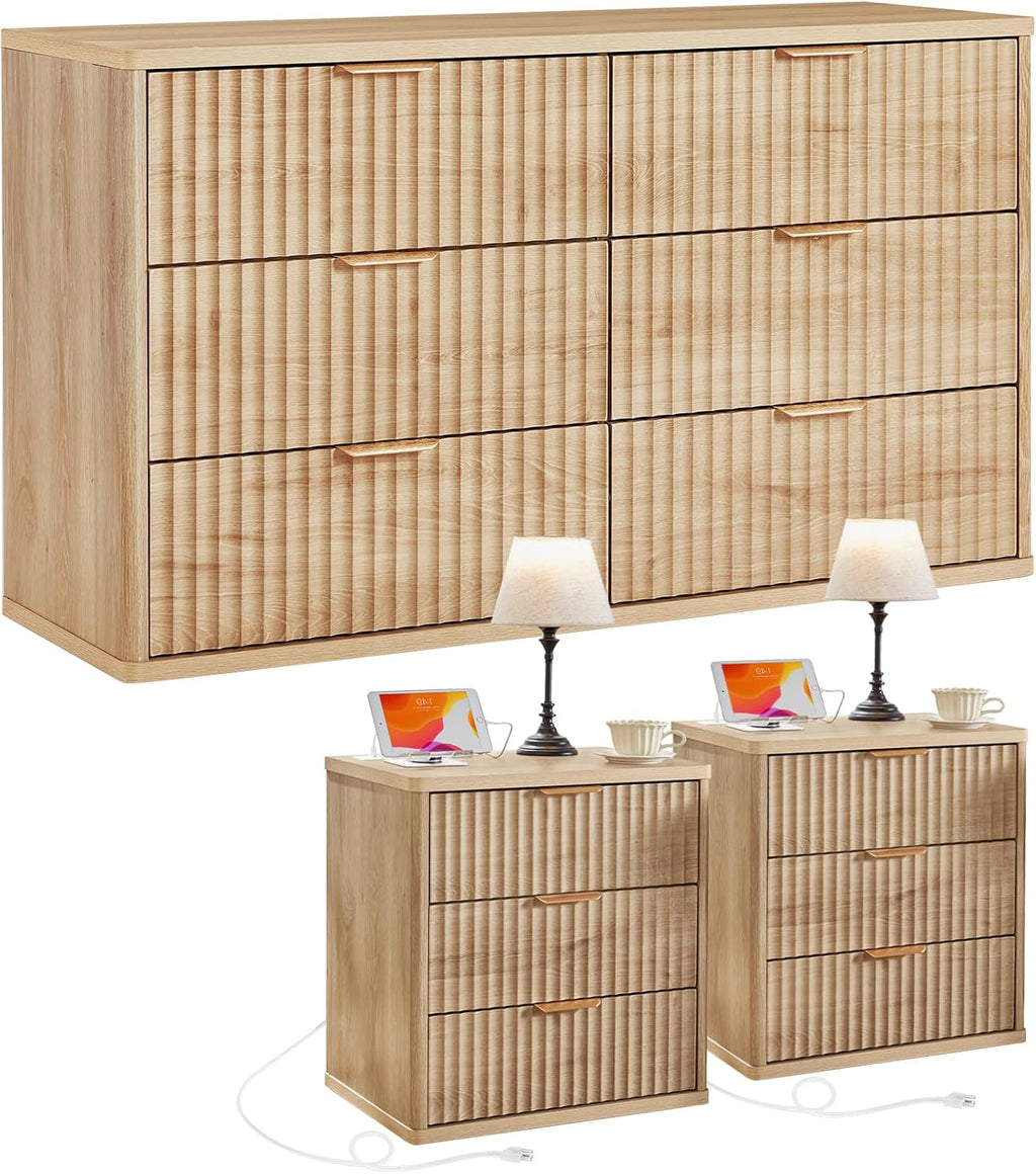 LEYAOYAO 48' Wide Fluted Dresser and 3 Drawers 23' Nightstand Set of 2, Wooden Dresser & Night Stand with Charging Station, 3 Piece Bedroom Furniture Set, Wood Chest of Drawer for Living Room,Natural